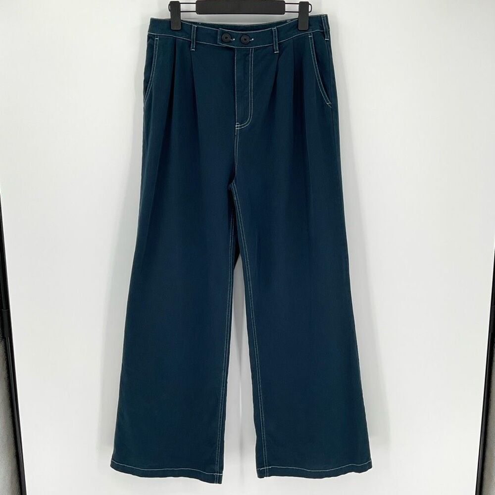 Monrow Cotton Twill Wide Leg Trouser Pant Pleated Navy Blue Women Large HB0684
